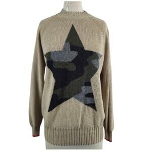 Brodie Cashmere WISPR Cotton Silk Blend Knit Sweater Camo Star Crewneck Tan M